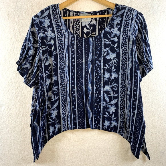Vintage Womens Boho Floral Top Sz M/L Blue Oversized Boxy Rayon Artsy Lagenlook - Picture 1 of 11